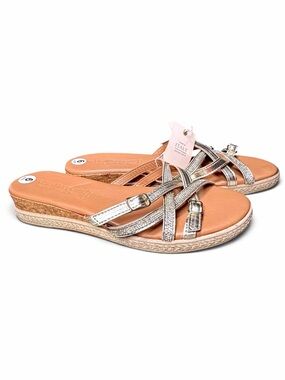 Fabio Maggenti Gold Metallic Rhinestone Strappy Leather Low Wedge Sandals NWT